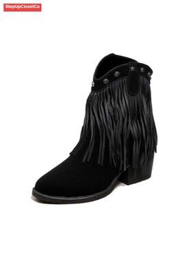 Suede Fringe Western Ankle Boots Women Studded Pointed Toe Chunky Heel Cowboy